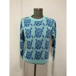 1980s Vtg Womens Sweater Floral Bright Colorful Knit Crew Neck Retro 80s Roses